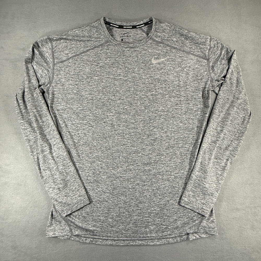 Nike Running Shirt Mens Large Gray Long Sleeve Thumbholes Reflective Swoosh Gym